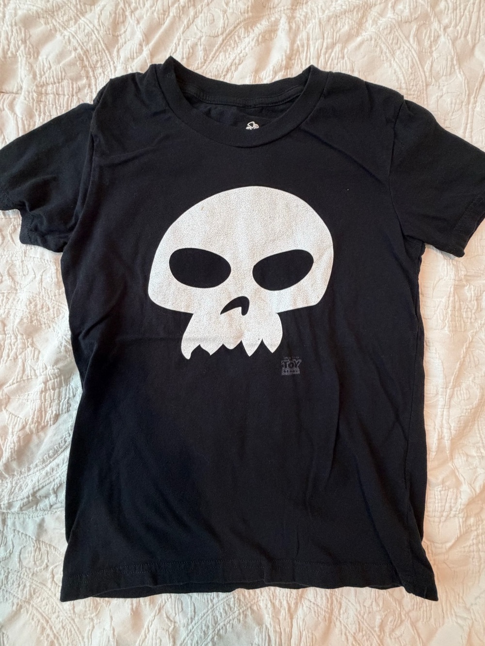 Disney Black Tee with Large White Skull Graphic, Size S (Age 8)